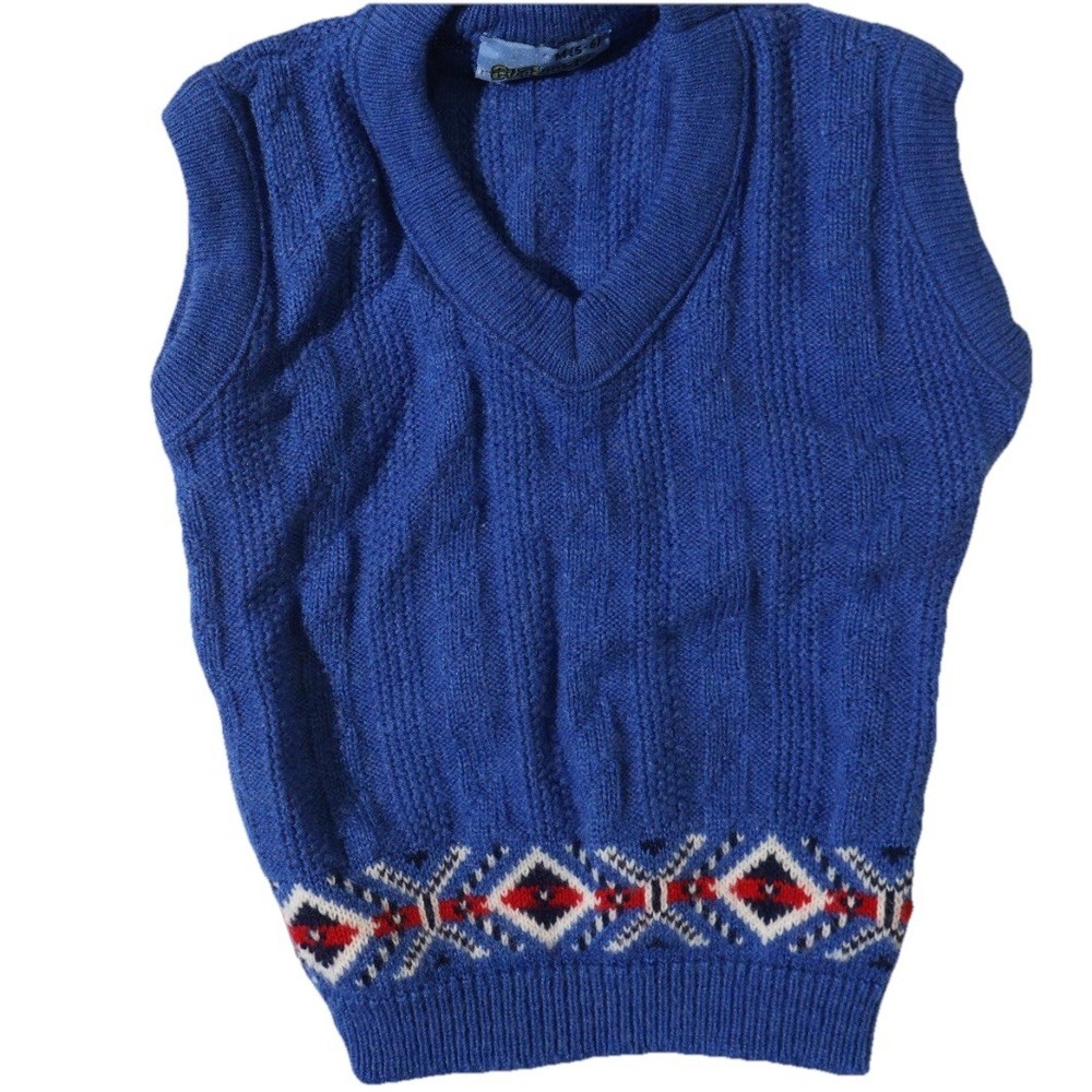 VTG Boys Cable Knit Sweater Vest Cut Loose Size 5-6 Sleeveless Blue‎ Preppy